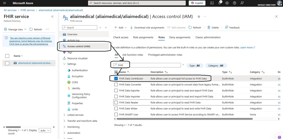 Azure Health Data and AI Services FHIR Services Create Role